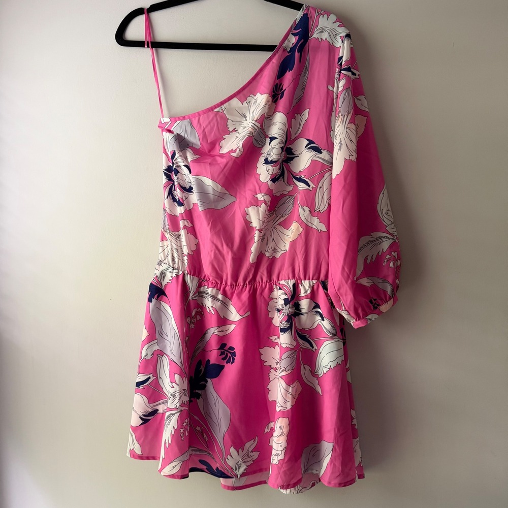 Yumi Kim Eastern Garden One Shoulder Dress Pink Floral Mini Pockets NWT DR-17502